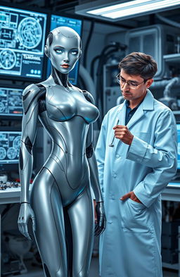 A female android with human-like features, standing confidently in a laboratory filled with advanced scientific equipment