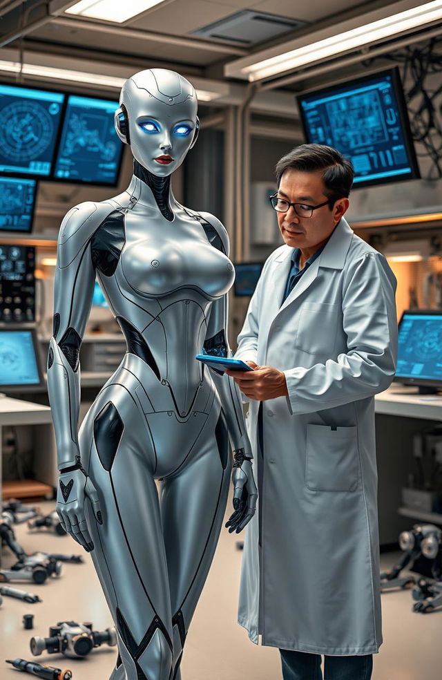 A female android with human-like features, standing confidently in a laboratory filled with advanced scientific equipment