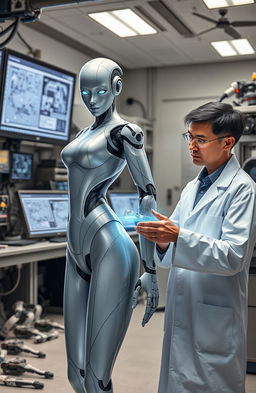 A female android with human-like features, standing confidently in a laboratory filled with advanced scientific equipment