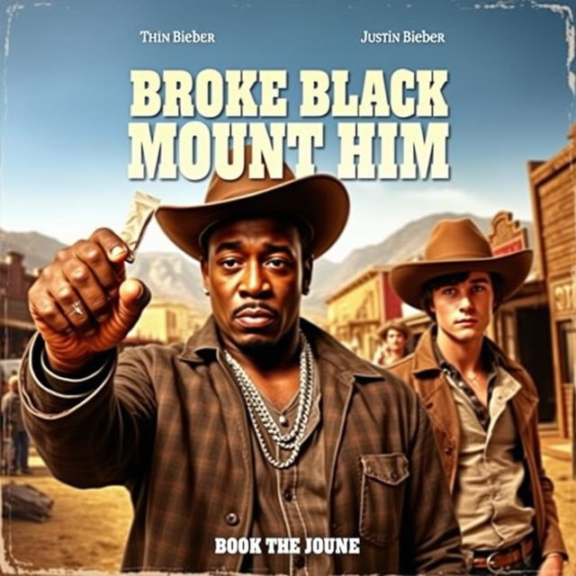 A vintage-style movie poster for a fictional western film titled 'Broke Black Mount Him', featuring P Diddy and Justin Bieber