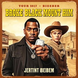 A vintage-style movie poster for a fictional western film titled 'Broke Black Mount Him', featuring P Diddy and Justin Bieber