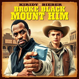 A vintage-style movie poster for a fictional western film titled 'Broke Black Mount Him', featuring P Diddy and Justin Bieber