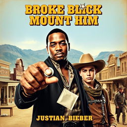 A vintage-style movie poster for a fictional western film titled 'Broke Black Mount Him', featuring P Diddy and Justin Bieber