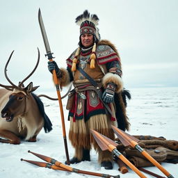 An Inuit tribal chief standing proudly with an Eskimo warrior from Saint-Laurent