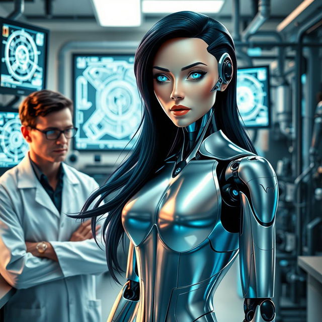 A female android with human-like features, characterized by her sleek metallic body