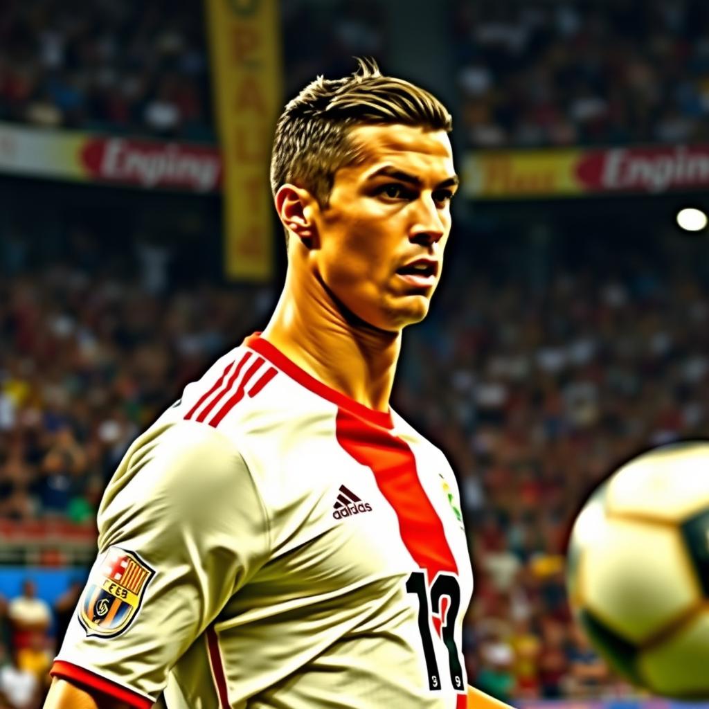 A dynamic portrait of Cristiano Ronaldo in an action-packed moment during a football match, showcasing his athleticism and skill