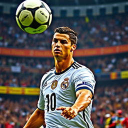 A dynamic portrait of Cristiano Ronaldo in an action-packed moment during a football match, showcasing his athleticism and skill