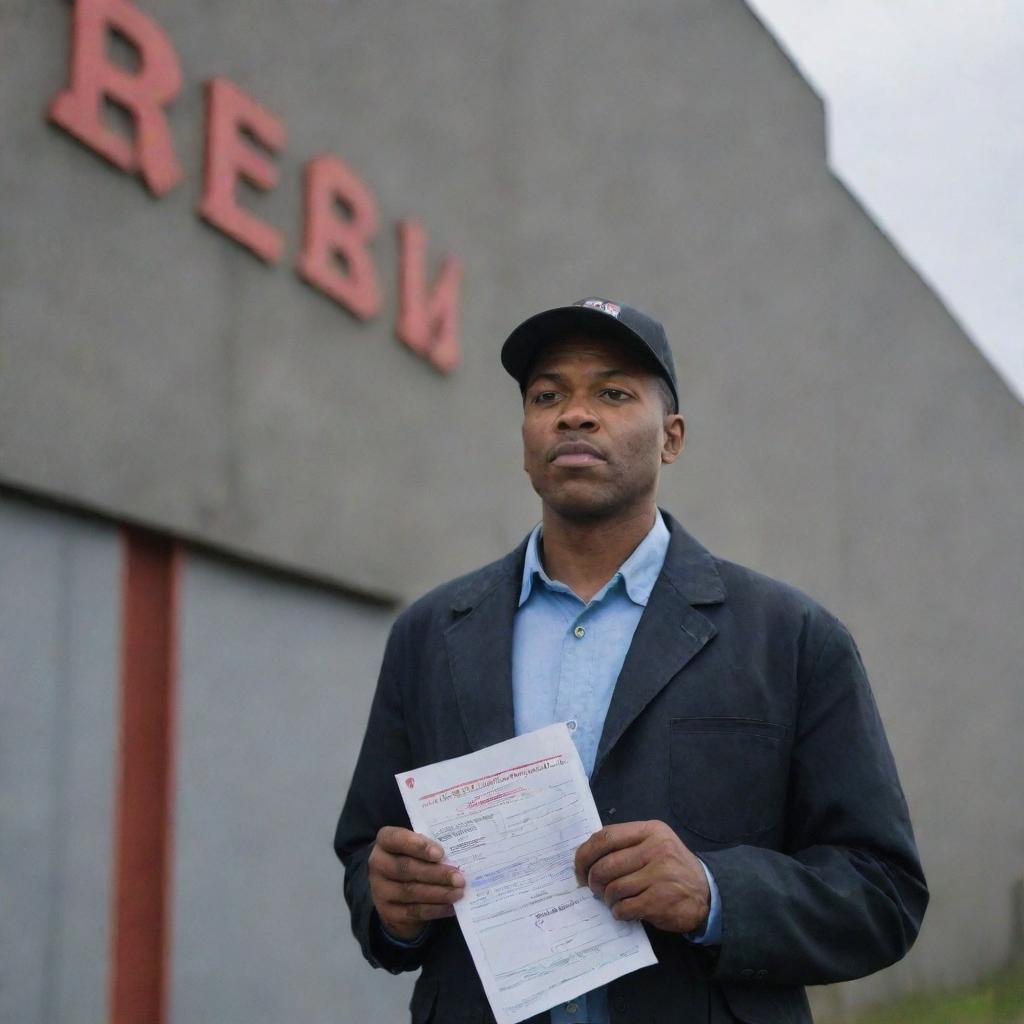 A determined but saddened African American man standing outside an old factory building, holding a job application with a red 'rejected' stamp on it under a gloomy, overcast sky.