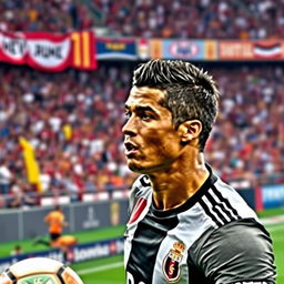 A dynamic portrait of Cristiano Ronaldo in an action-packed moment during a football match, showcasing his athleticism and skill