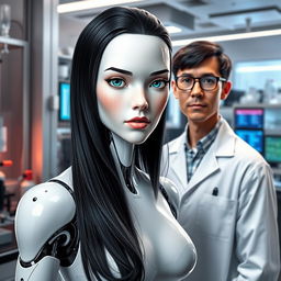 A female android with human-like features, showcasing a perfectly human body with realistic skin texture