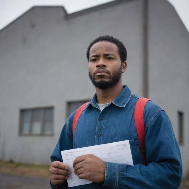 A determined but saddened African American man standing outside an old factory building, holding a job application with a red 'rejected' stamp on it under a gloomy, overcast sky.