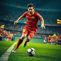 A stunning portrait of Lionel Messi during a pivotal moment in a football match, expertly dribbling the ball past defenders with unmatched skill and agility