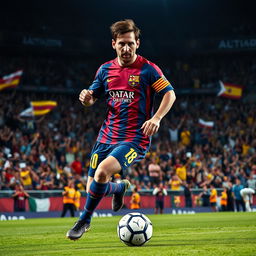 A stunning portrait of Lionel Messi during a pivotal moment in a football match, expertly dribbling the ball past defenders with unmatched skill and agility