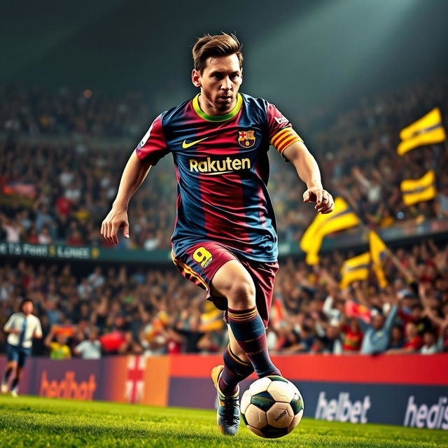 A stunning portrait of Lionel Messi during a pivotal moment in a football match, expertly dribbling the ball past defenders with unmatched skill and agility