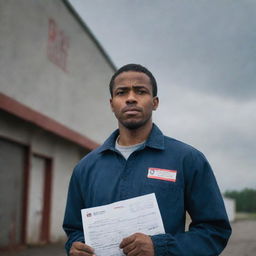 A determined but saddened African American man standing outside an old factory building, holding a job application with a red 'rejected' stamp on it under a gloomy, overcast sky.