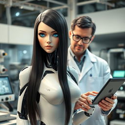 A female android with human-like characteristics, featuring long, sleek black hair and vivid blue eyes that convey a sense of depth and intelligence