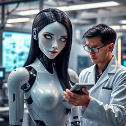 A female android with human-like characteristics, featuring long, sleek black hair and vivid blue eyes that convey a sense of depth and intelligence