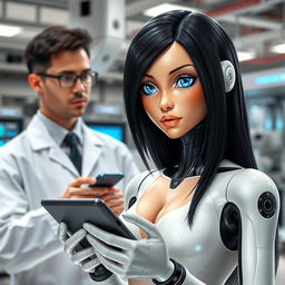 A female android with human-like characteristics, featuring long, sleek black hair and vivid blue eyes that convey a sense of depth and intelligence