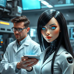 A female android with human-like characteristics, featuring long, sleek black hair and vivid blue eyes that convey a sense of depth and intelligence