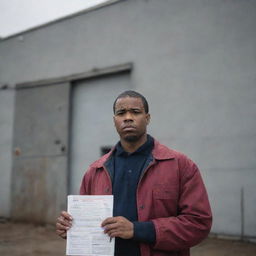 A determined but saddened African American man standing outside an old factory building, holding a job application with a red 'rejected' stamp on it under a gloomy, overcast sky.