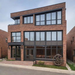 A modern house featuring a steampunk aesthetic with industrial elements, such as exposed brick, iron railings, and vintage gears. The design is completed with large glass windows and a flat roof creating an intriguing blend of styles.