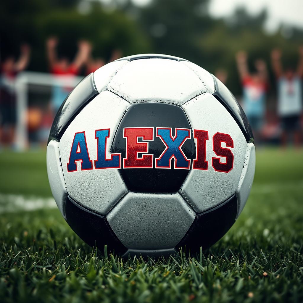 A creative and artistic depiction of a football (soccer ball) featuring the name "ALEXIS" prominently displayed on its surface