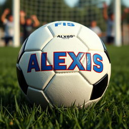 A creative and artistic depiction of a football (soccer ball) featuring the name "ALEXIS" prominently displayed on its surface