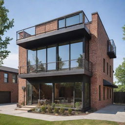 A modern house featuring a steampunk aesthetic with industrial elements, such as exposed brick, iron railings, and vintage gears. The design is completed with large glass windows and a flat roof creating an intriguing blend of styles.