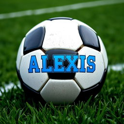 A creative and artistic depiction of a football (soccer ball) featuring the name "ALEXIS" prominently displayed on its surface