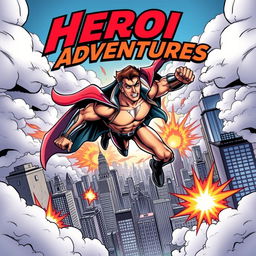 An action-packed comic book cover featuring a dynamic superhero in mid-flight, showcasing their muscular physique in a stylish, form-fitting costume