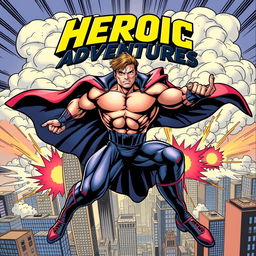 An action-packed comic book cover featuring a dynamic superhero in mid-flight, showcasing their muscular physique in a stylish, form-fitting costume