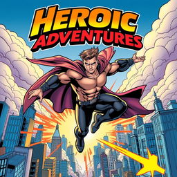 An action-packed comic book cover featuring a dynamic superhero in mid-flight, showcasing their muscular physique in a stylish, form-fitting costume