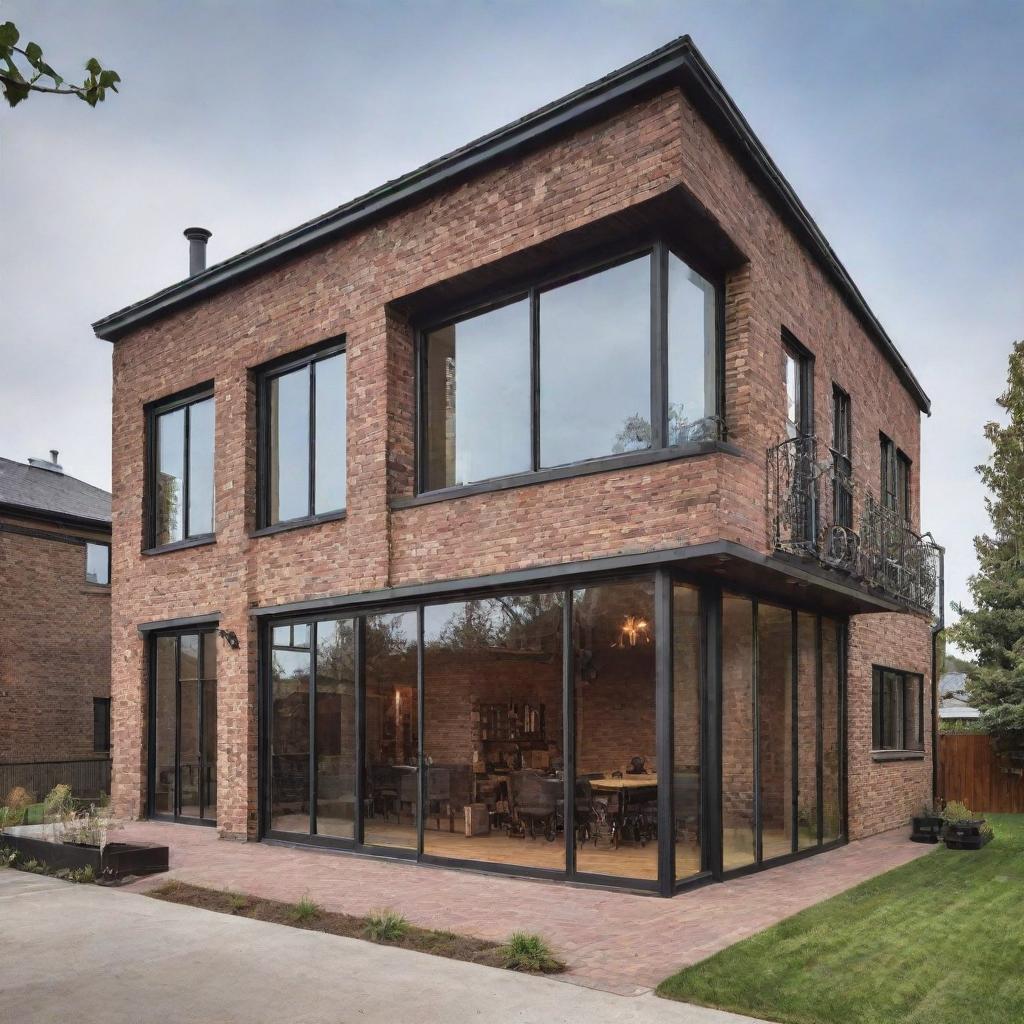 A modern house featuring a steampunk aesthetic with industrial elements, such as exposed brick, iron railings, and vintage gears. The design is completed with large glass windows and a flat roof creating an intriguing blend of styles.