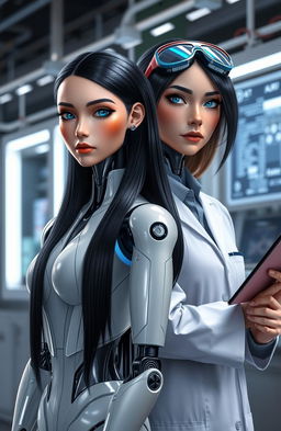 A humanoid android with realistic human features, a woman with long black hair and striking blue eyes