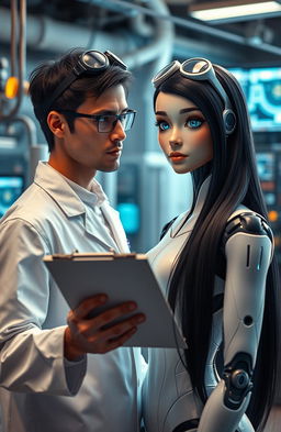 A humanoid android with realistic human features, a woman with long black hair and striking blue eyes