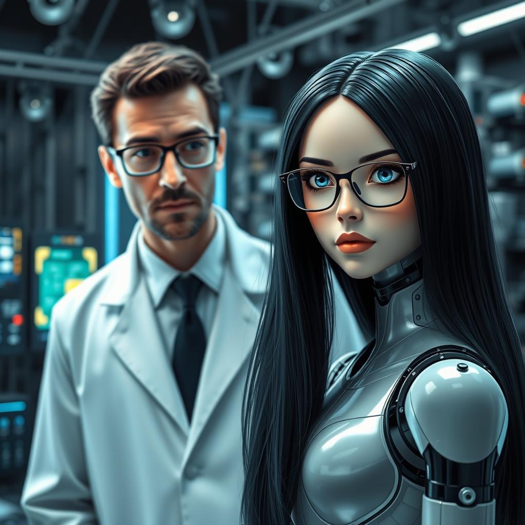 A humanoid android with human-like characteristics and a fully human body, featuring a woman with long black hair and captivating blue eyes