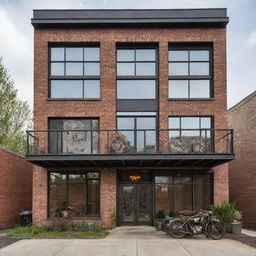 A modern house featuring a steampunk aesthetic with industrial elements, such as exposed brick, iron railings, and vintage gears. The design is completed with large glass windows and a flat roof creating an intriguing blend of styles.