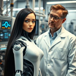 A humanoid android with human-like characteristics and a fully human body, featuring a woman with long black hair and captivating blue eyes