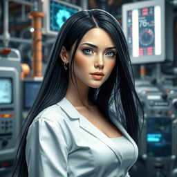 A humanoid android with human-like characteristics and a fully human body, featuring a woman with long black hair and captivating blue eyes