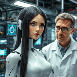 A humanoid android with human-like characteristics and a fully human body, featuring a woman with long black hair and captivating blue eyes