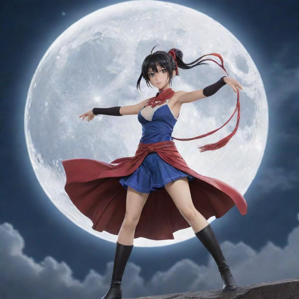 Generate a vibrant and dynamic anime artwork showcasing a heroic character in an epic pose under a luminous moon.