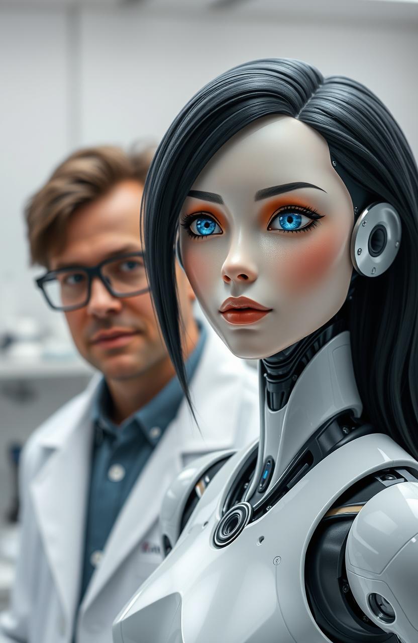 A female android with a human-like face, featuring striking black hair and vibrant blue eyes, standing beside a male scientist wearing glasses