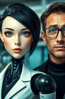 A female android with a human-like face, featuring striking black hair and vibrant blue eyes, standing beside a male scientist wearing glasses