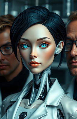 A female android with a human-like face, featuring striking black hair and vibrant blue eyes, standing beside a male scientist wearing glasses