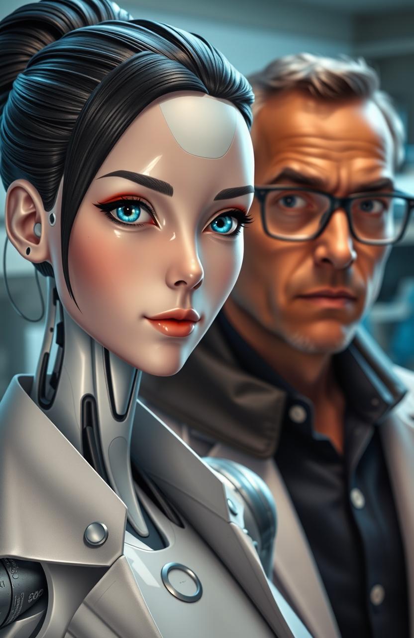 A female android with a human-like face, featuring striking black hair and vibrant blue eyes, standing beside a male scientist wearing glasses