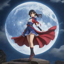 Generate a vibrant and dynamic anime artwork showcasing a heroic character in an epic pose under a luminous moon.