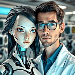 A female android with a distinctly human-like face, featuring flowing black hair and captivating blue eyes, positioned next to a male scientist wearing glasses