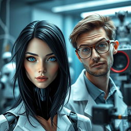 A female android with a distinctly human-like face, featuring flowing black hair and captivating blue eyes, positioned next to a male scientist wearing glasses