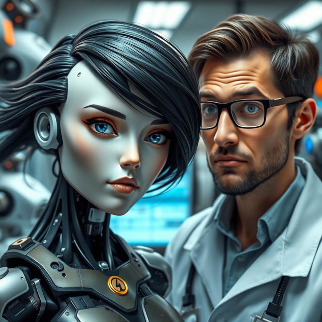 A female android with a distinctly human-like face, featuring flowing black hair and captivating blue eyes, positioned next to a male scientist wearing glasses