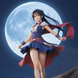 Generate a vibrant and dynamic anime artwork showcasing a heroic character in an epic pose under a luminous moon.